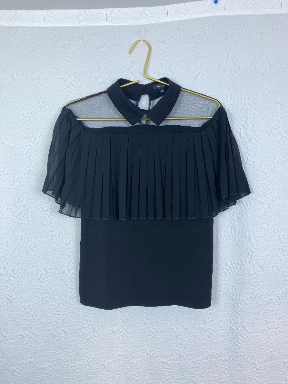 forCynthia Black Pleated Chiffon Peter Pan Collar Top Size Small Summer Goth